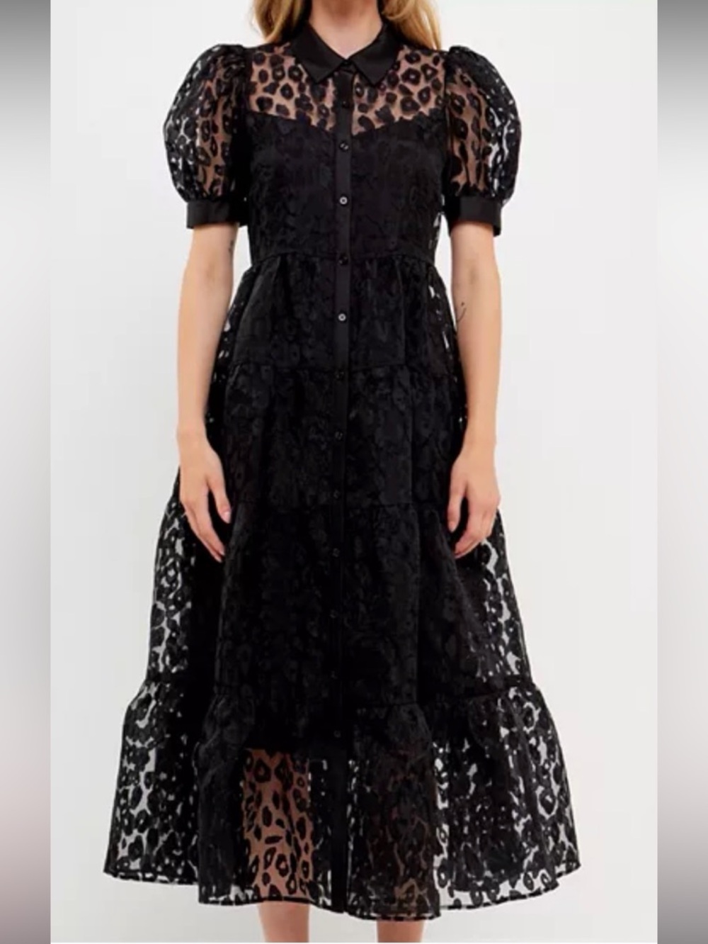 English Factory Black Leopard Print Button Up Maxi Dress Puff Sleeve Medium
